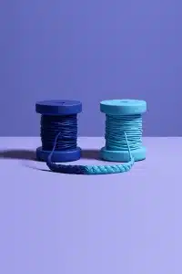 A navy spool and a light blue spool of cable on a purple background, their two strands braided into one cord